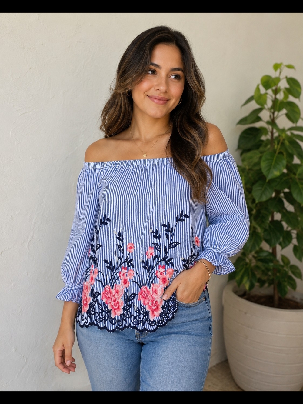 Elle Blue & White Striped Off-Shoulder Top with Pink Floral Embroidery
